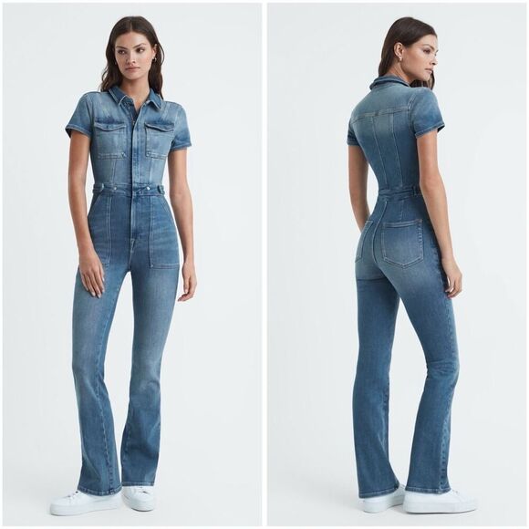 Good American Denim Short Sleeve Jumpsuit Size 4 Zip Front Flare Legs Blue - Picture 1 of 16